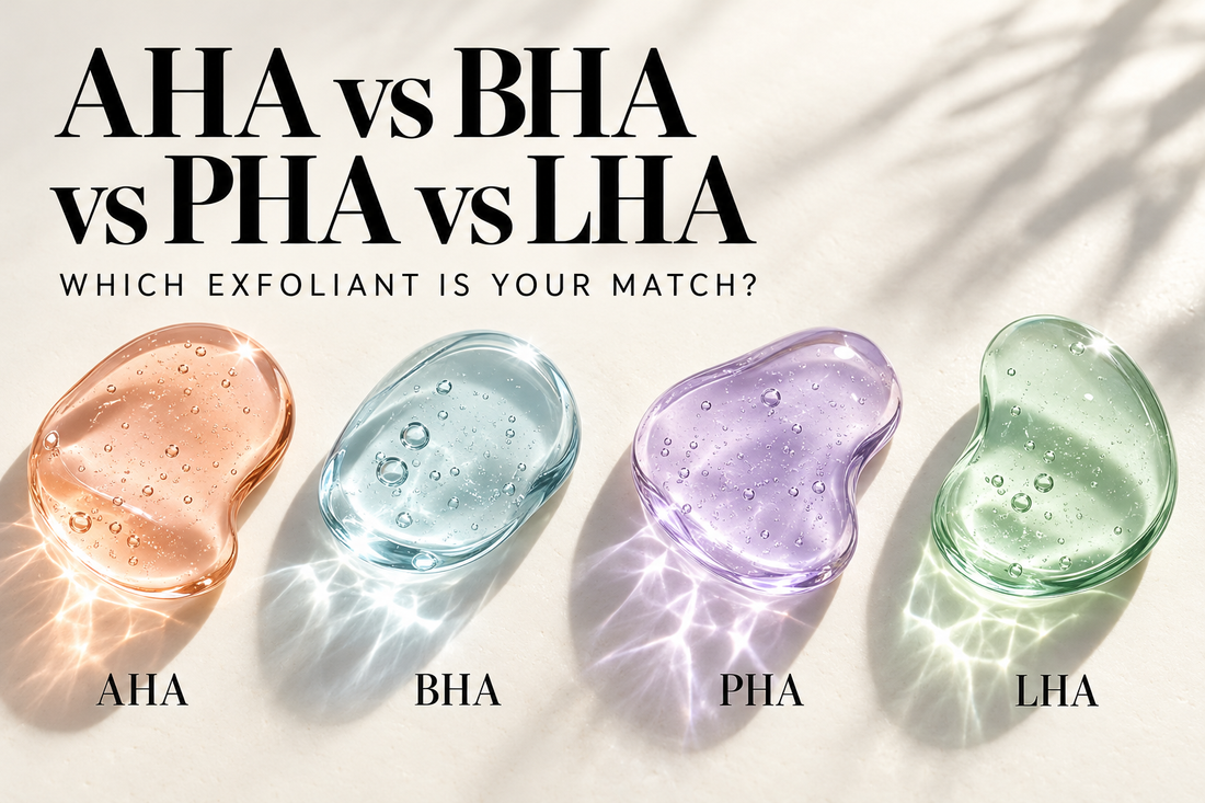 AHA vs BHA vs PHA vs LHA Korean exfoliant guide with four pastel serum droplets