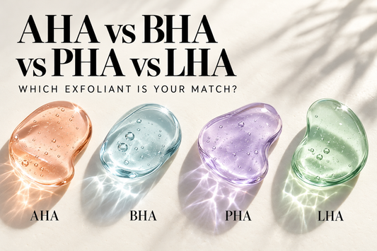 AHA vs BHA vs PHA vs LHA Korean exfoliant guide with four pastel serum droplets