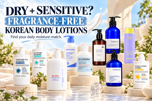 Ten fragrance-free Korean body lotions including AESTURA, ILLIYOON, Pyunkang Yul, APLB, MIZON, DERMA FACTORY, and By Wishtrend