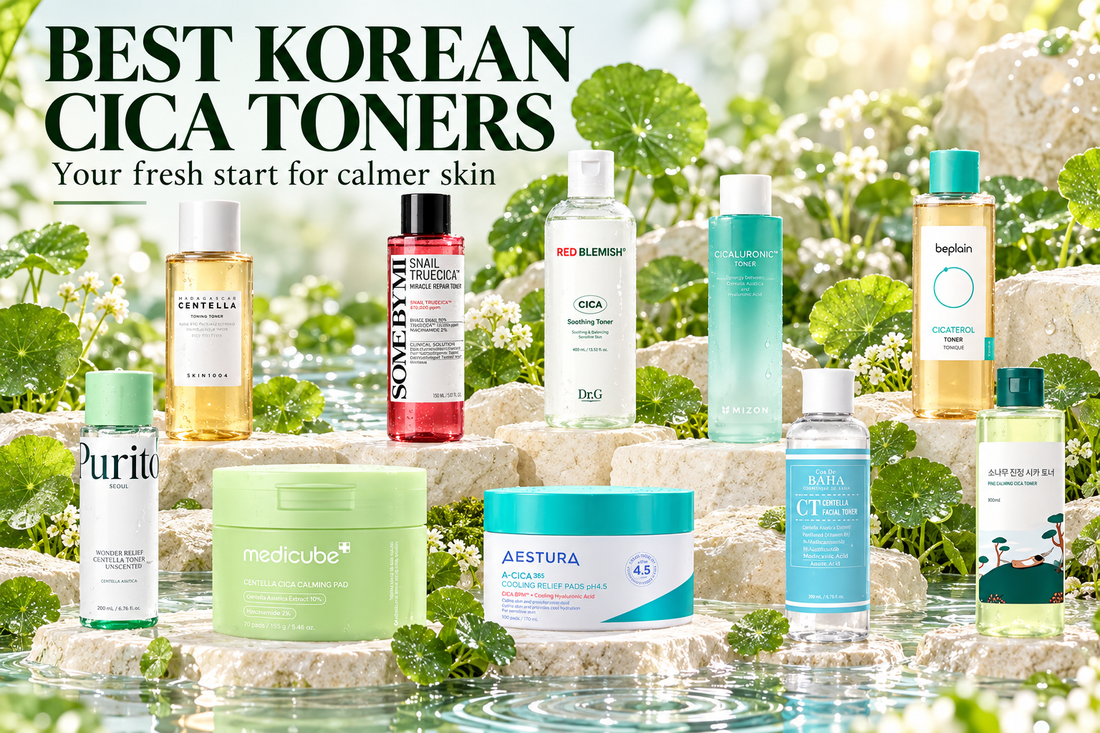 Ten Korean CICA toners and calming pads in a fresh Centella garden