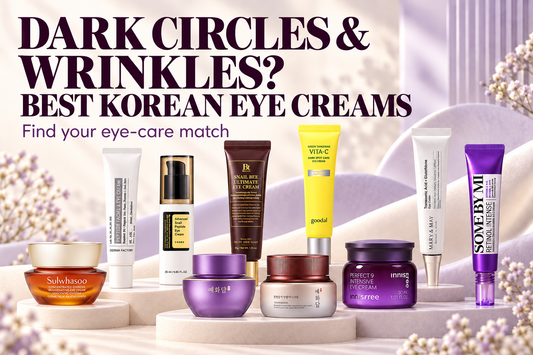 Ten Korean eye creams arranged on ivory and lavender platforms beneath Dark Circles & Wrinkles? Best Korean Eye Creams