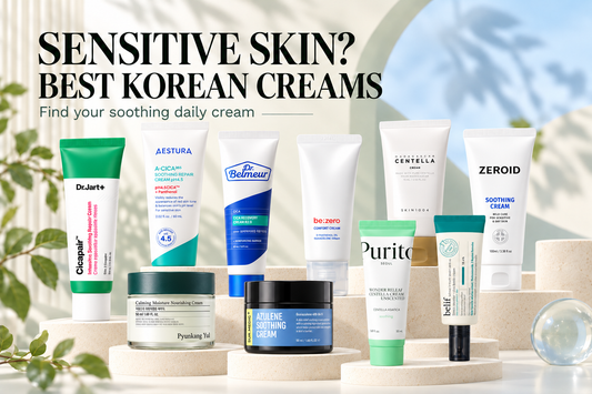 Ten Korean creams for sensitive and redness-prone skin on ivory display podiums