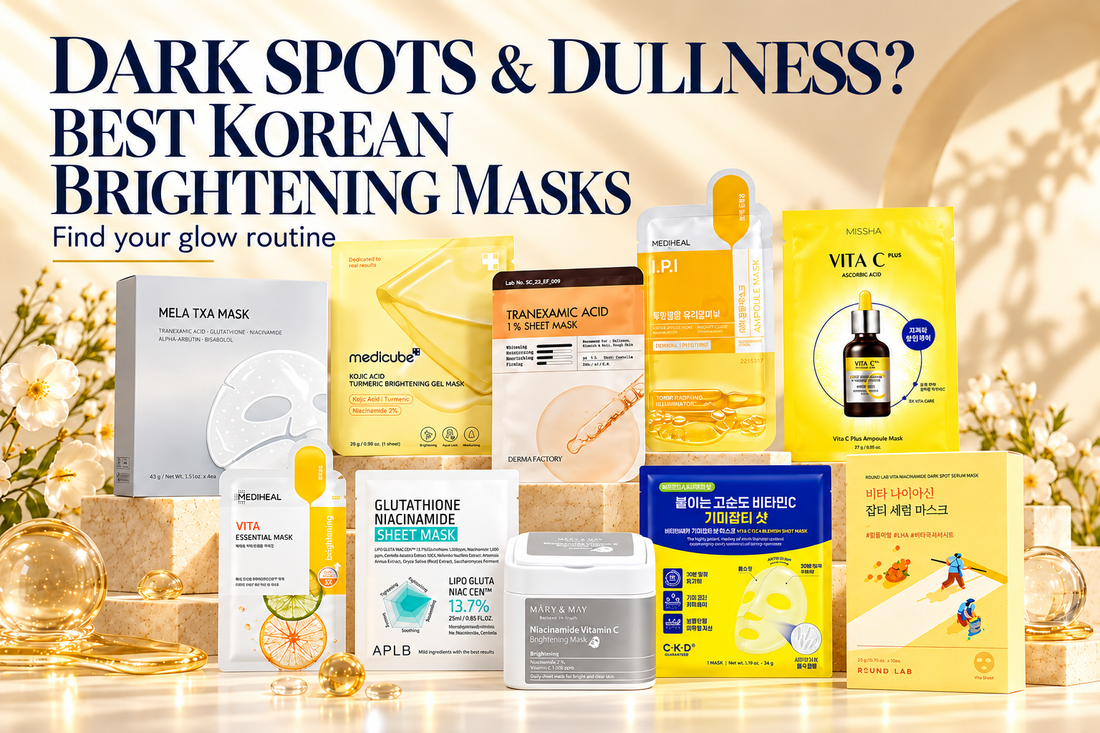 Korean brightening face masks from Arocell, medicube, MEDIHEAL, MISSHA, ROUND LAB, APLB, CKD, DERMA FACTORY and MARY&MAY