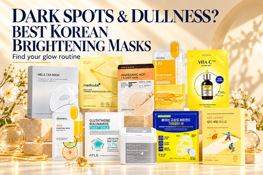 Korean brightening face masks from Arocell, medicube, MEDIHEAL, MISSHA, ROUND LAB, APLB, CKD, DERMA FACTORY and MARY&MAY