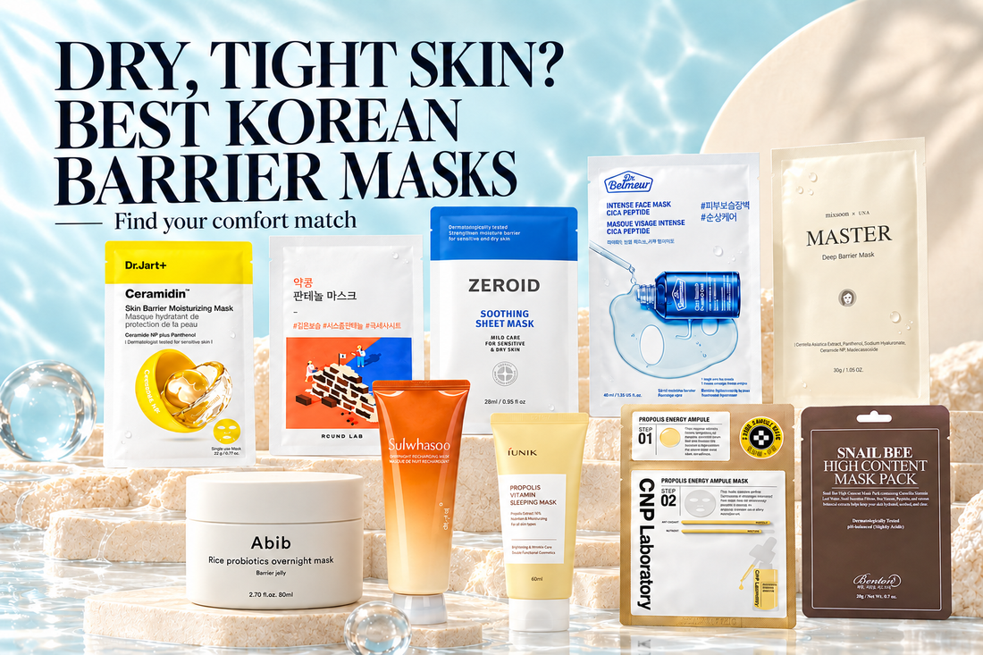 Ten Korean barrier-care masks including Dr.Jart+ Ceramidin, ROUND LAB, ZEROID, mixsoon, Abib and propolis masks.