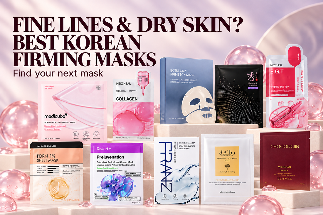 Ten Korean face masks for wrinkles and firmness, including medicube, MEDIHEAL, Arocell, Dr.Jart+ and ginseng masks.
