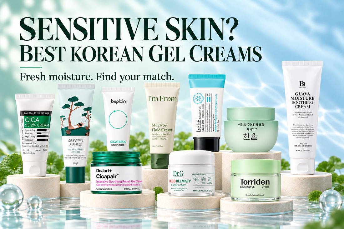 Ten Korean gel creams for sensitive and redness-prone skin on ivory podiums with a fresh mint-blue backdrop