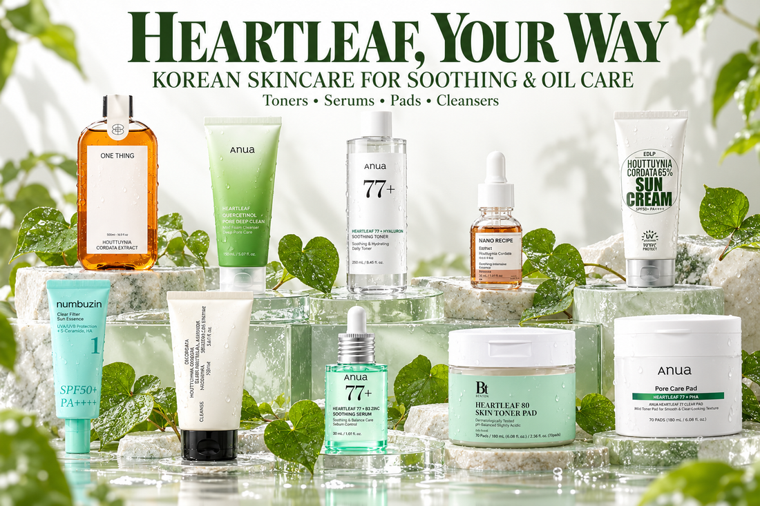 Ten Korean heartleaf skincare products with green leaves and the headline Heartleaf Your Way