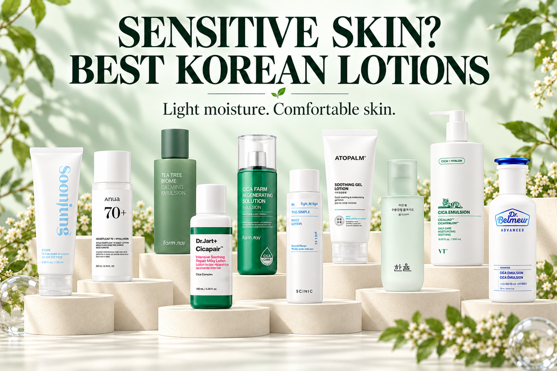 Ten Korean lotions and emulsions for sensitive skin on ivory podiums against a pale mint backdrop