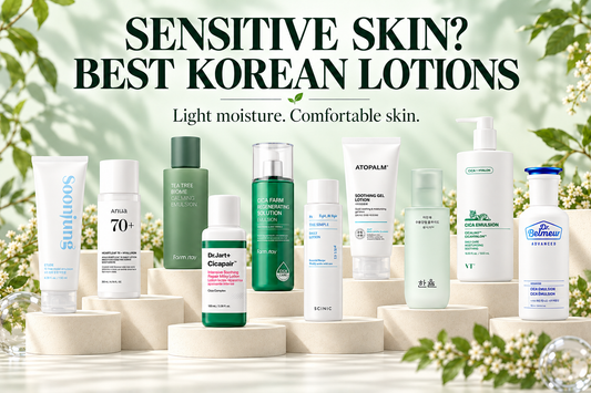 Ten Korean lotions and emulsions for sensitive skin on ivory podiums against a pale mint backdrop