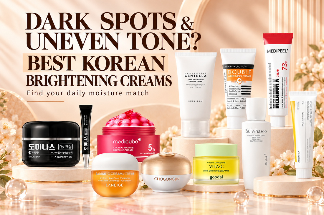 Ten Korean brightening moisturizers for dark spots and uneven tone, including medicube, SKIN1004, celimax, goodal and LANEIGE.