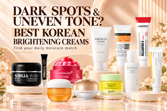 Ten Korean brightening moisturizers for dark spots and uneven tone, including medicube, SKIN1004, celimax, goodal and LANEIGE.