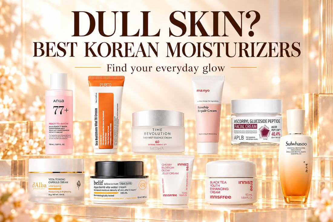 Ten Korean glow moisturizers on luminous shelves with the headline Dull Skin? Best Korean Moisturizers