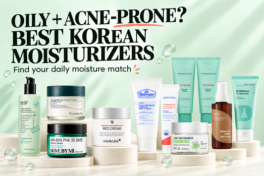 Ten Korean moisturizers for oily and acne-prone skin on mint and ivory platforms