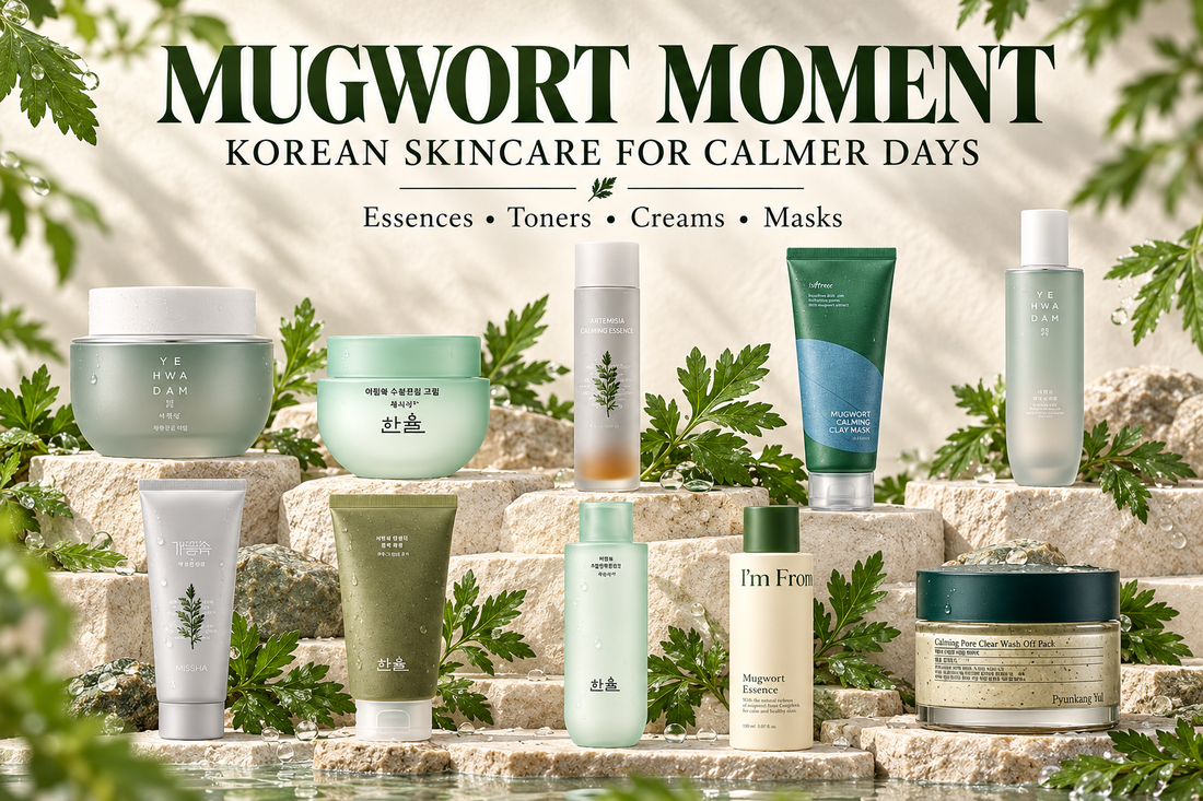 Ten Korean mugwort skincare products with Artemisia leaves and the headline Mugwort Moment