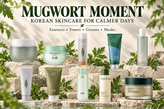 Ten Korean mugwort skincare products with Artemisia leaves and the headline Mugwort Moment