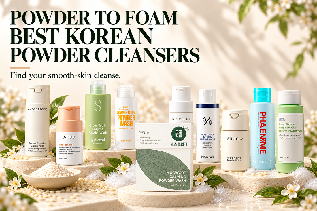 Ten Korean powder cleansers including Anua, By Wishtrend, Isntree, NEEDLY, DERMA FACTORY, AMORE PACIFIC and su:m37