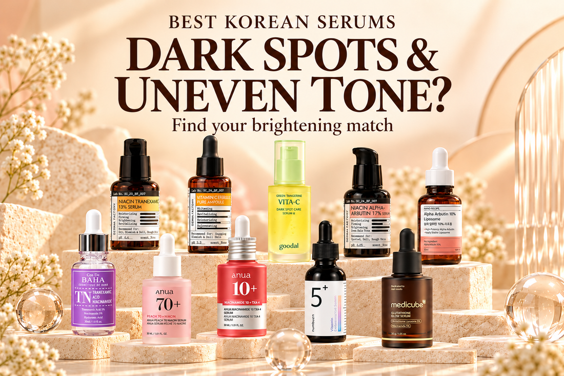 Ten Korean brightening serums on champagne ivory platforms beneath Dark Spots & Uneven Tone? Best Korean Serums