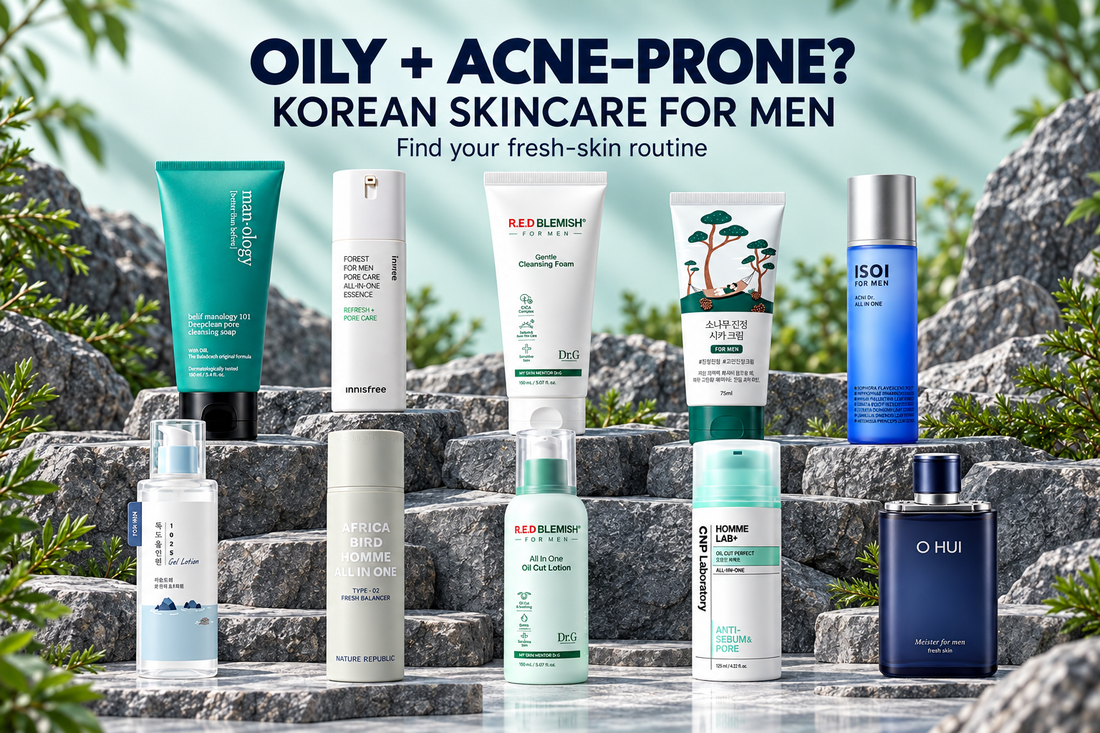 Ten Korean skincare products for men with oily and acne-prone skin on stone podiums