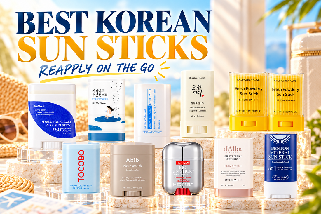 Best Korean sun sticks for easy sunscreen reapplication featuring ten products from Beauty of Joseon, Isntree, ROUND LAB, TOCOBO, Abib and more