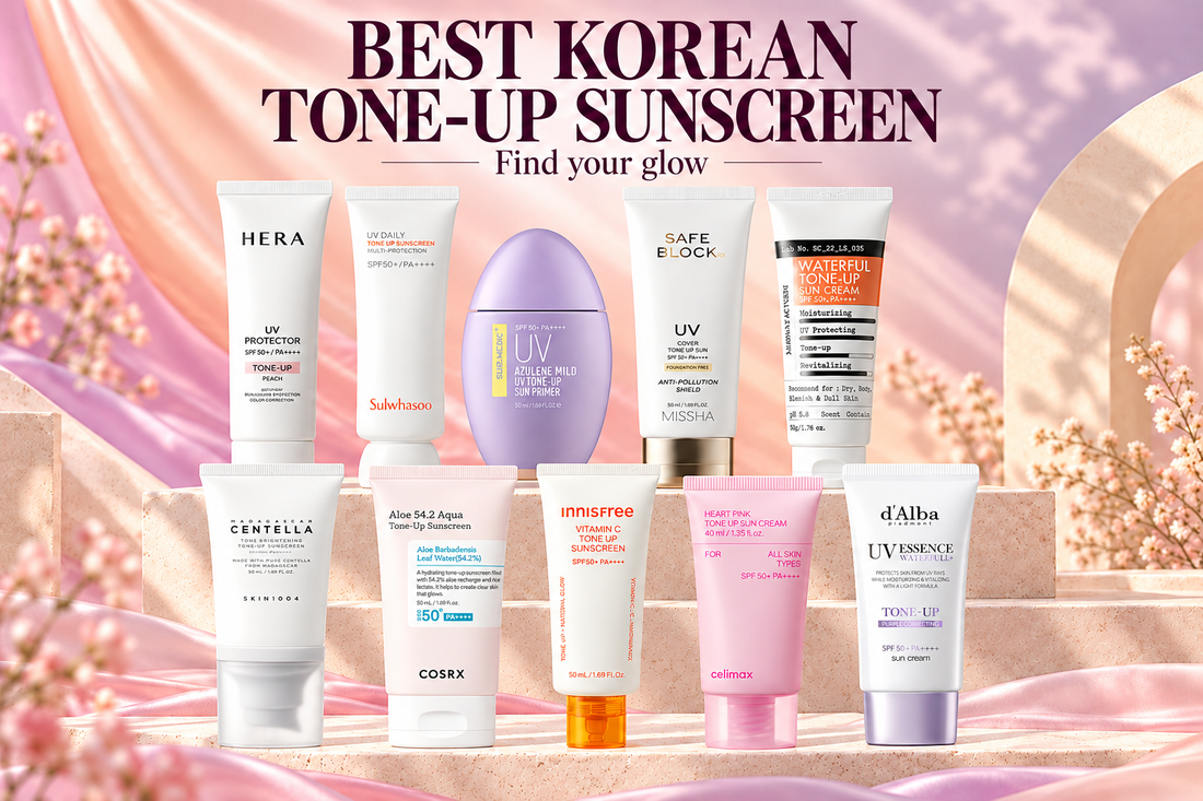 Ten Korean tone-up sunscreens on peach and lavender shelves with the headline Best Korean Tone-Up Sunscreen