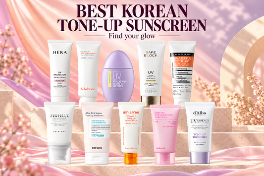 Ten Korean tone-up sunscreens on peach and lavender shelves with the headline Best Korean Tone-Up Sunscreen