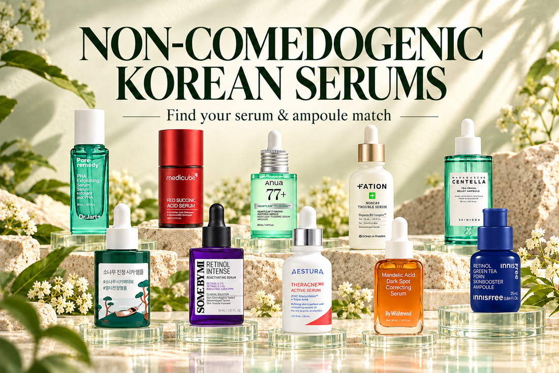 Non-comedogenic Korean serums and ampoules featuring Anua, SKIN1004, FATION, ROUND LAB, medicube, AESTURA, Dr.Jart+, By Wishtrend, SOME BY MI and innisfree
