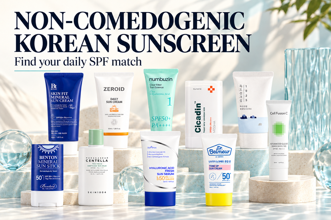 Non-comedogenic Korean sunscreen guide featuring Benton, ZEROID, numbuzin, MISSHA, ROUND LAB, SKIN1004, Isntree, Dr. Belmeur and Cell Fusion C