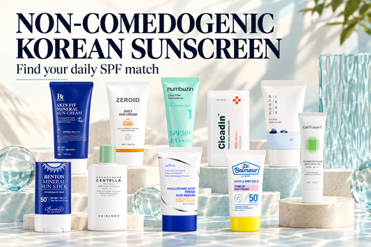 Non-comedogenic Korean sunscreen guide featuring Benton, ZEROID, numbuzin, MISSHA, ROUND LAB, SKIN1004, Isntree, Dr. Belmeur and Cell Fusion C