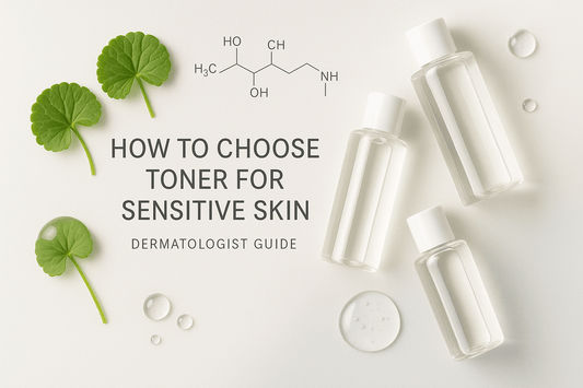 A flat-lay dermatologist-style hero image featuring clear Korean toner bottles, Centella asiatica leaves, hyaluronic acid droplets, and a panthenol molecule on a soft white background with the title ‘How to Choose Toner for Sensitive Skin – Dermatologist 