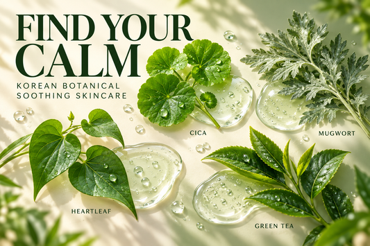 CICA, mugwort, heartleaf and green tea leaves with botanical gel and the headline Find Your Calm