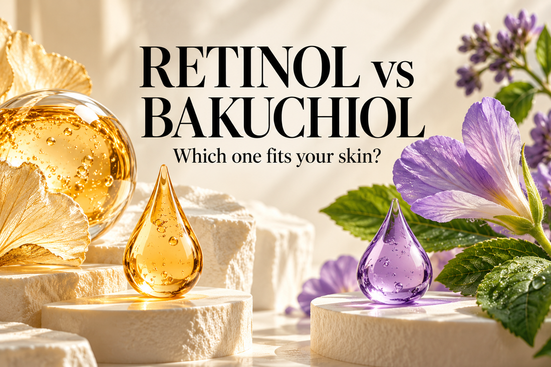 Retinol vs bakuchiol: which one fits your skin, with amber and violet skincare droplets