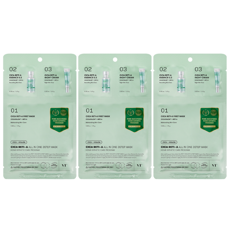 Best Korean Skincare SHEET MASK Cica Reti-A All In One 3Step Mask (3masks) VT COSMETICS